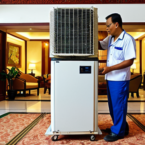 Home 11 **
A bustling hotel lobby in Melaka, Malaysia. Focus is on an old, inefficient air conditioning unit being replaced by a modern, energy-efficient one. Show workers installing the new unit and a visibly pleased hotel manager observing the installation. The scene highlights the initial investment in energy efficiency.
**