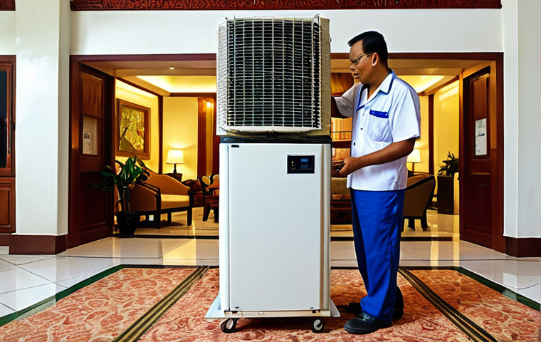 **
A bustling hotel lobby in Melaka, Malaysia. Focus is on an old, inefficient air conditioning unit being replaced by a modern, energy-efficient one. Show workers installing the new unit and a visibly pleased hotel manager observing the installation. The scene highlights the initial investment in energy efficiency.
**