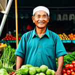 지속가능성과 순환경제의 실제 사례 - **Image Prompt:** "A bustling farmers market in Malaysia. A friendly vendor in modest clothing is se...