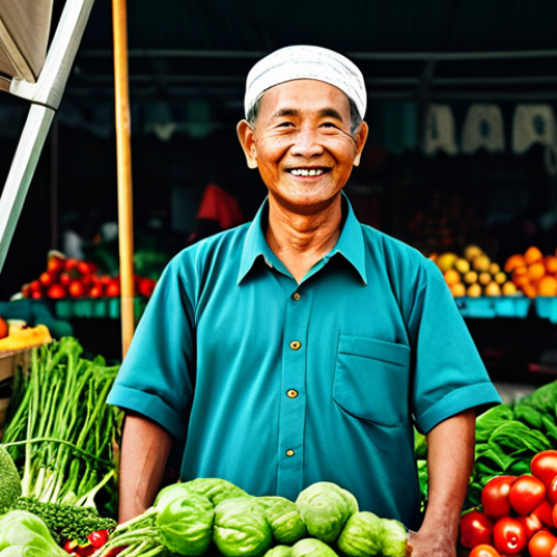 지속가능성과 순환경제의 실제 사례 - **Image Prompt:** "A bustling farmers market in Malaysia. A friendly vendor in modest clothing is se...