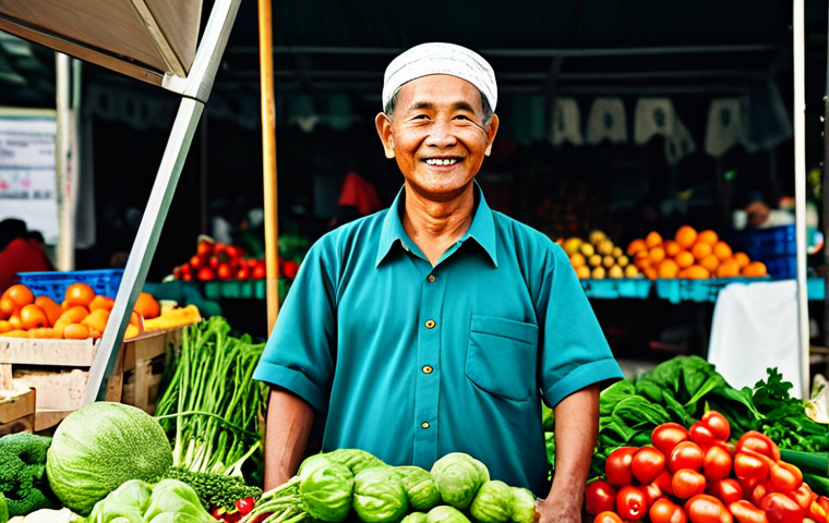 지속가능성과 순환경제의 실제 사례 - **Image Prompt:** "A bustling farmers market in Malaysia. A friendly vendor in modest clothing is se...